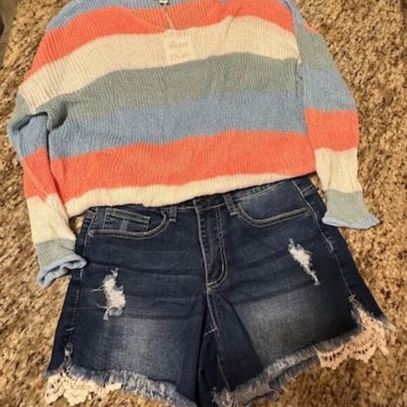 Dark Washed Frayed Jean Shorts with Crochet Detail - Picture 1 of 10